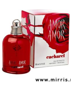 Crvena flašica parfema Cacharel Amor Amor pored originalne kutije