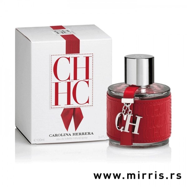Crvena bočica parfema Carolina Herrera CH i bela kutija