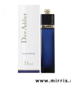 Blava boca parfema Dior Addict pored bele kutije