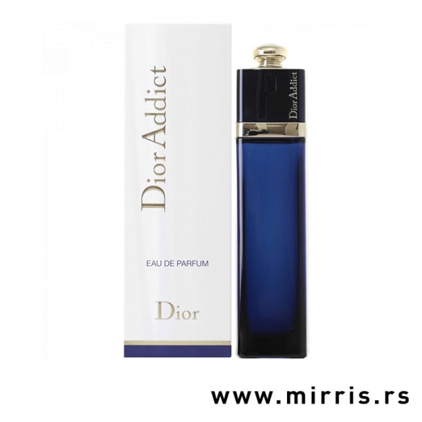Blava boca parfema Christian Dior Dior Addict pored bele kutije