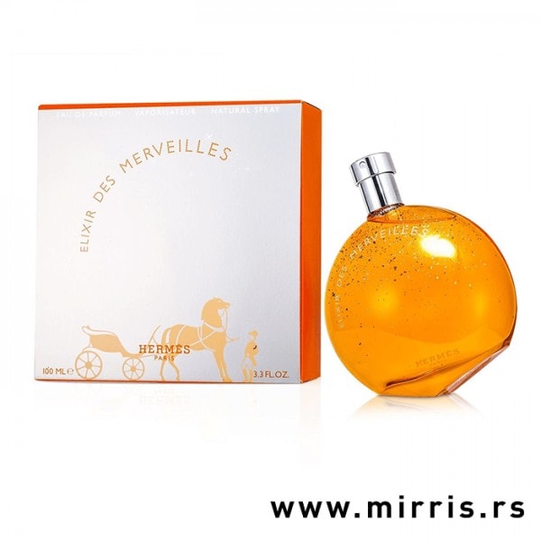 Narandžasta boca parfema Hermes Elixir Des Merveilles i originalna kutija