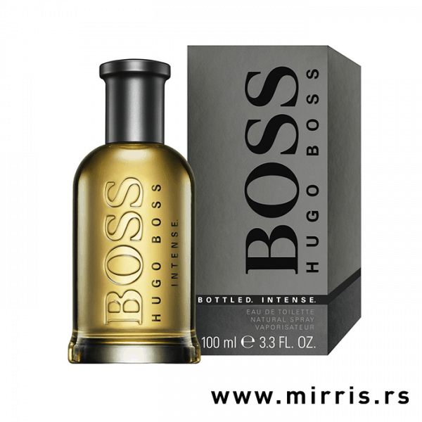 Boca originalnog parfema Hugo Boss Bottled Intense i kutija sive boje