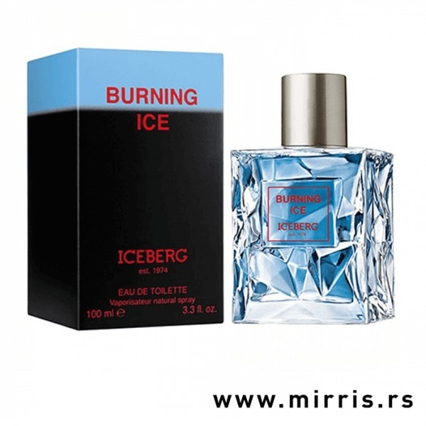 Originalna kutija pored plave bočice parfema Iceberg Burning Ice