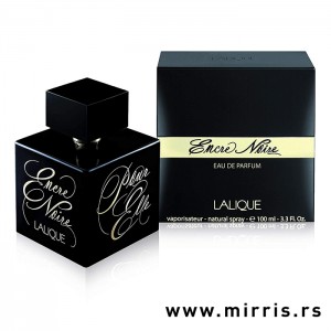 Crna bočica parfema Lalique Encre Noire Pour Elle pored crne kutije