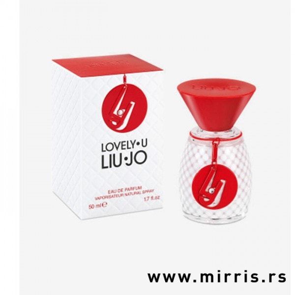 Crveno bela bočica parfema Liu Jo Lovely U pored crveno bele kutije