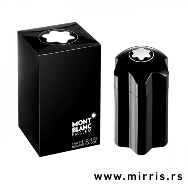 Crna bočica originalnog parfema Montblanc Emblem pored kutije crne boje