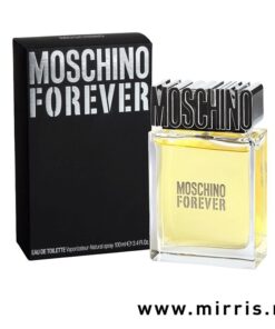 Boca originalnog parfema Moschino Forever pored crne kutije