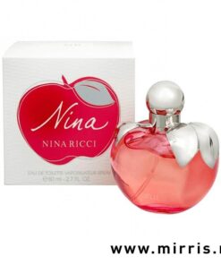 Crvena bočica parfema Nina Ricci Nina u obliku jabuke i originalna kutija