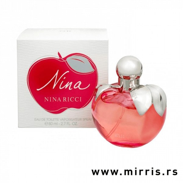Crvena bočica parfema Nina Ricci Nina u obliku jabuke i originalna kutija