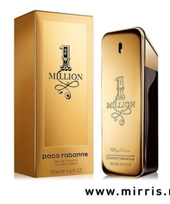 Kutija zlatne boje pored bočice originalnog parfema Paco Rabanne One Million