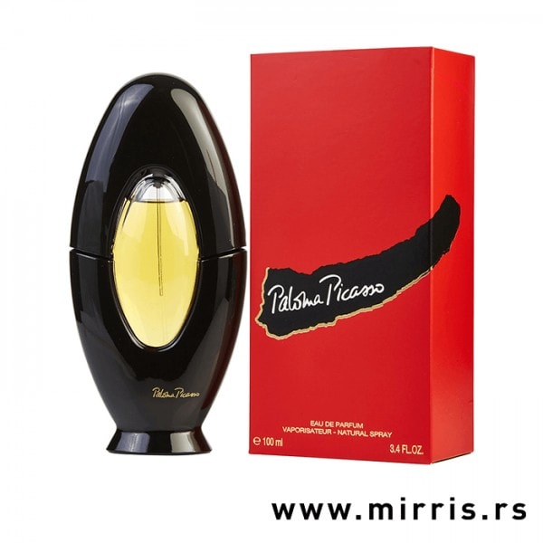 Crna bočica parfema Paloma Picasso i kutija crvene boje