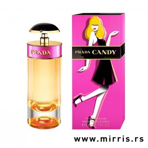 Bočica parfema Prada Candy pored ljubičaste kutije