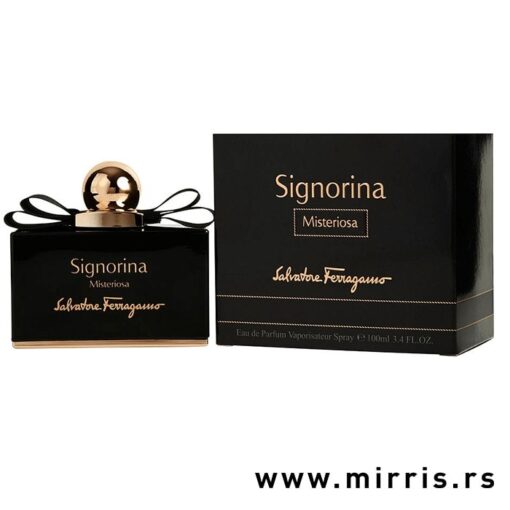 Crna boca original parfema Salvatore Ferragamo Signorina Misteriosa pored crne kutije