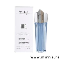 Bela kutija i boca testera Mugler Angel plave boje