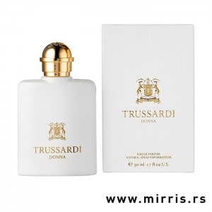 Bela bočica originalnog parfema Trussardi Donna pored bele kutije