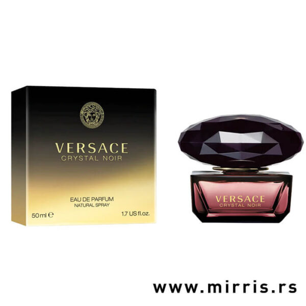 Originalna boca parfema Versace Crystal Noir pored crne kutije