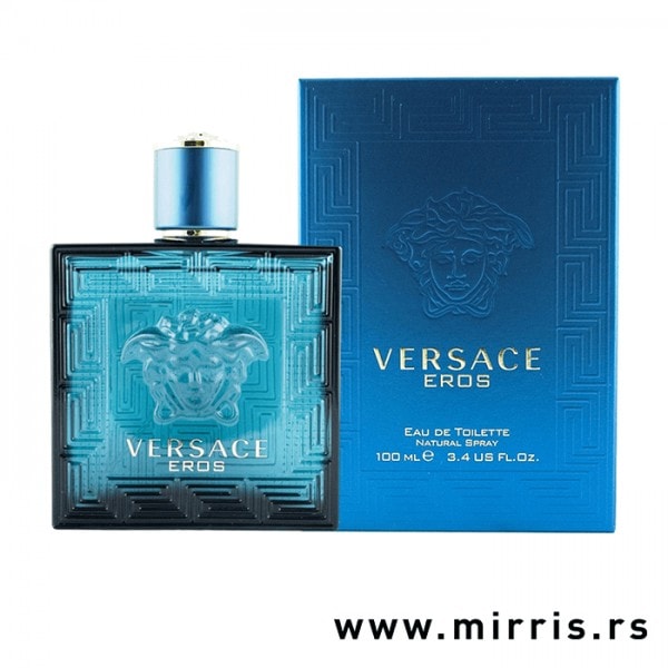 Plava boca parfema Versace Eros pored originalne kutije