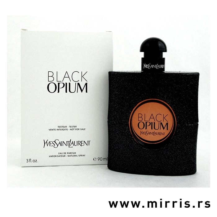 Crna bočica testera Yves Saint Laurent Black Opium pored bele kutije