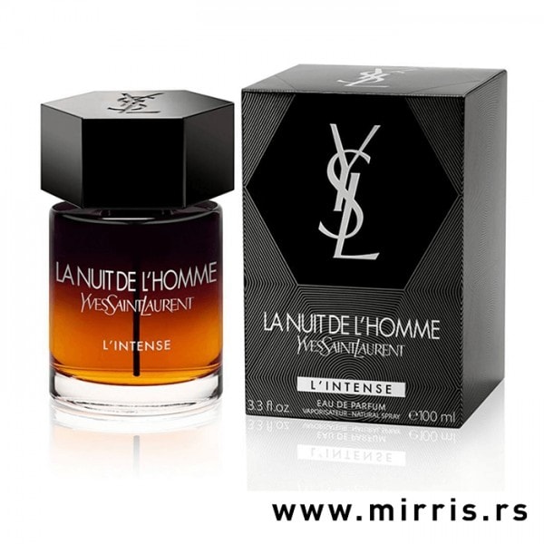 Bočica parfema Yves Saint Laurent La Nuit De L'Homme L'Intense i kutija sive boje