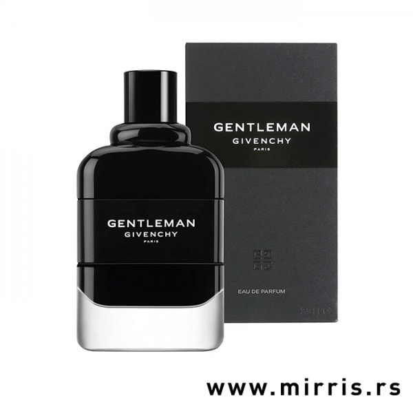 Crna bočica parfema Givenchy Gentleman pored kutije sive boje