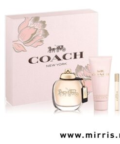 Losion za telo i bočice parfema Coach The Fragrance od 100ml i 7,5 ml pored roze kutije