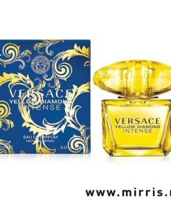 Žuta bočica parfema Versace Yellow Diamond Intense pored plave kutije