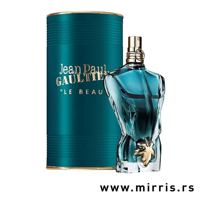 Plava boca parfema Jean Paul Gaultier Le Beau pored plave kutije
