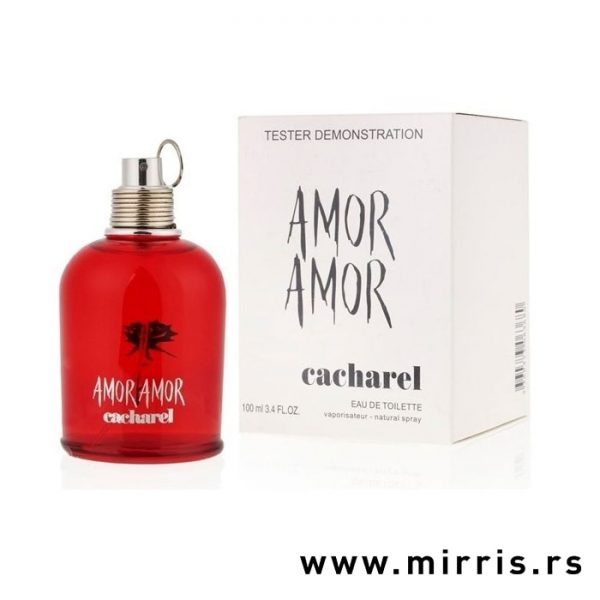 Crvena bočica parfema Cacharel Amor Amor pored bele kutije