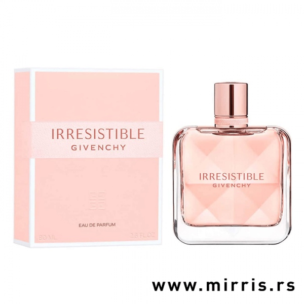 Roza bočica ženskog parfema Givenchy Irresistible pored roze kutije
