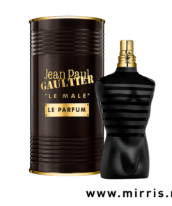 Crna boca parfema Jean Paul Gaultier Le Male Le Parfum pored originalne kutije