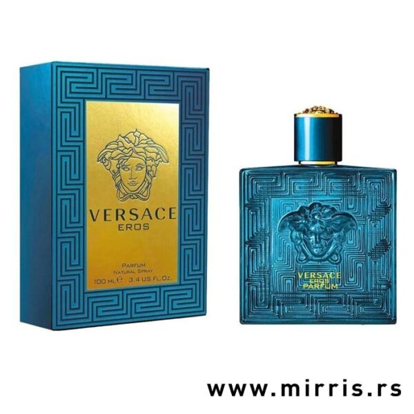 Bočica muškog parfema Versace Eros Parfum i kutija plave boje
