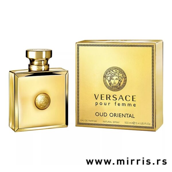 Bočica ženskog mirisa Versace Oud Oriental pored kutije zlatne boje