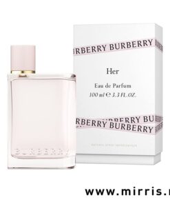 Bočica ženskog parfema Burberry Her pored originalne kutije