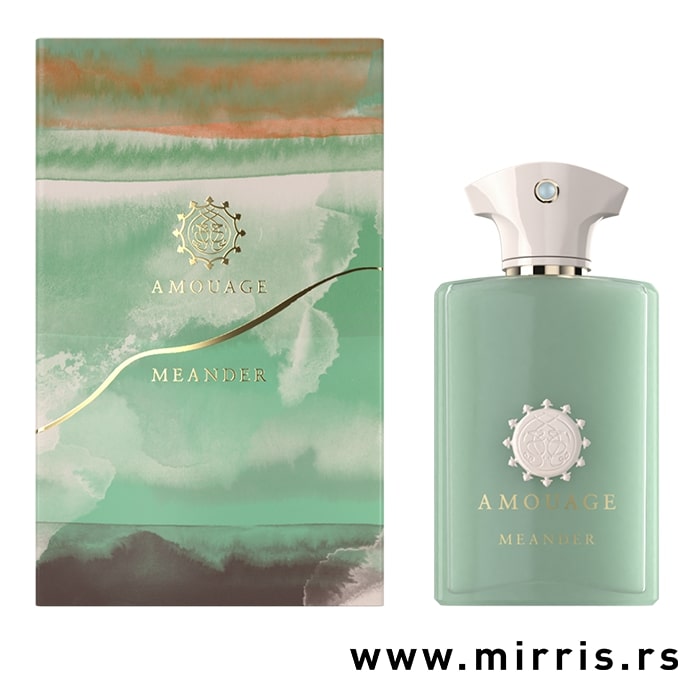 Zelena bočica parfema Amouage Meander pored originalne kutije