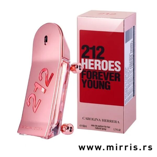 Bočica ženskig parfema Carolina Herrera 212 Heroes Forever Young pored originalne kutije