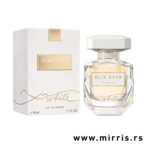 Bočica ženskog parfema Elie Saab Le Parfum In White pored originalne kutije