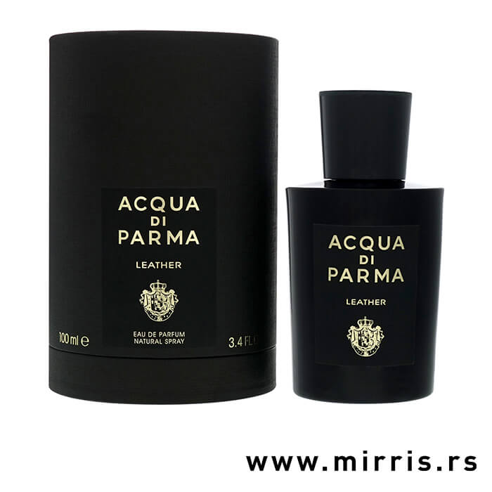 Crna boca parfema Acqua Di Parma Leather pored originalne kutije