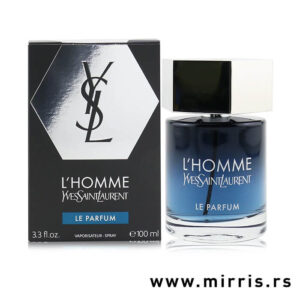 Plava bočica parfema Yves Saint Laurent L'Homme Le Parfum pored kutije