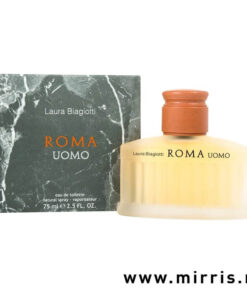 Žuta bočica parfema Laura Biagiotti Roma Uomo i njegova kutija