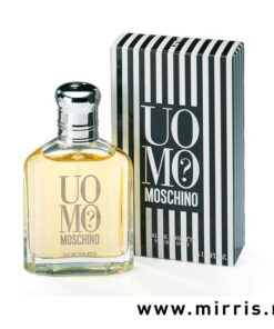 Bočica muškog parfema Moschino Uomo i crno-bela kutija