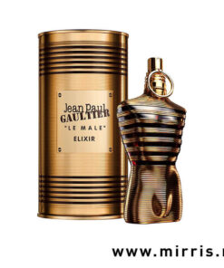 Boca parfema Jean Paul Gaultier Le Male Elixir i njegova kutija zletne boje