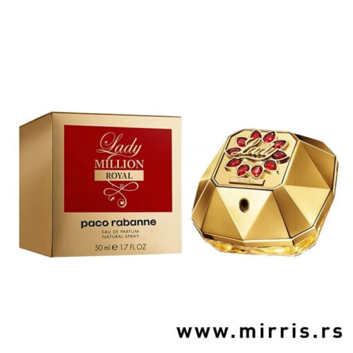Bočica ženskog parfema Paco Rabanne Lady Million Royal pored originalne kutije