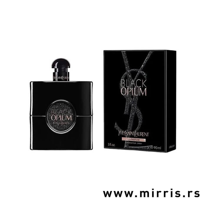 Boca parfemaYves Saint Laurent Black Opium Le Parfum pored crne kutije